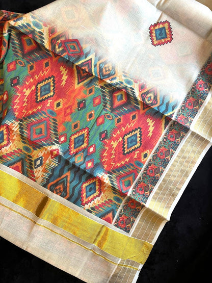 Saree - Gold Kasavu with Multicolour Digital Prints