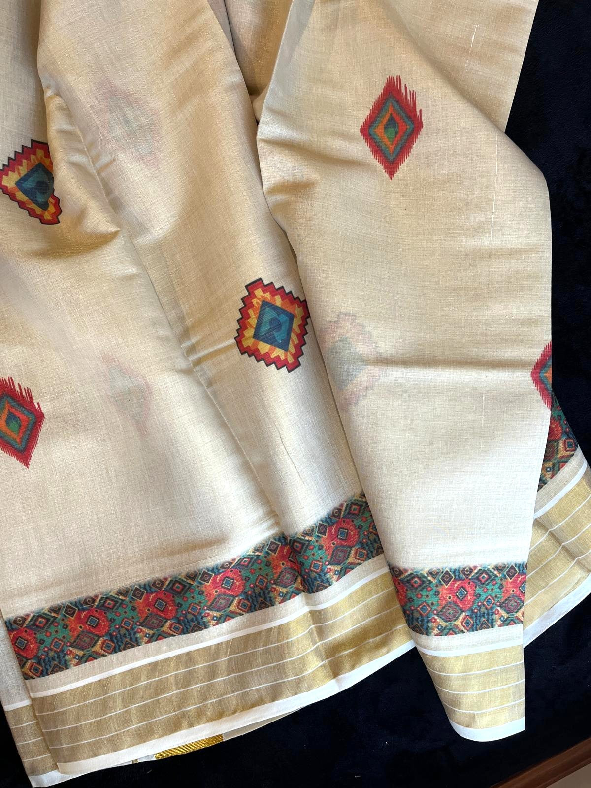 Saree - Gold Kasavu with Multicolour Digital Prints