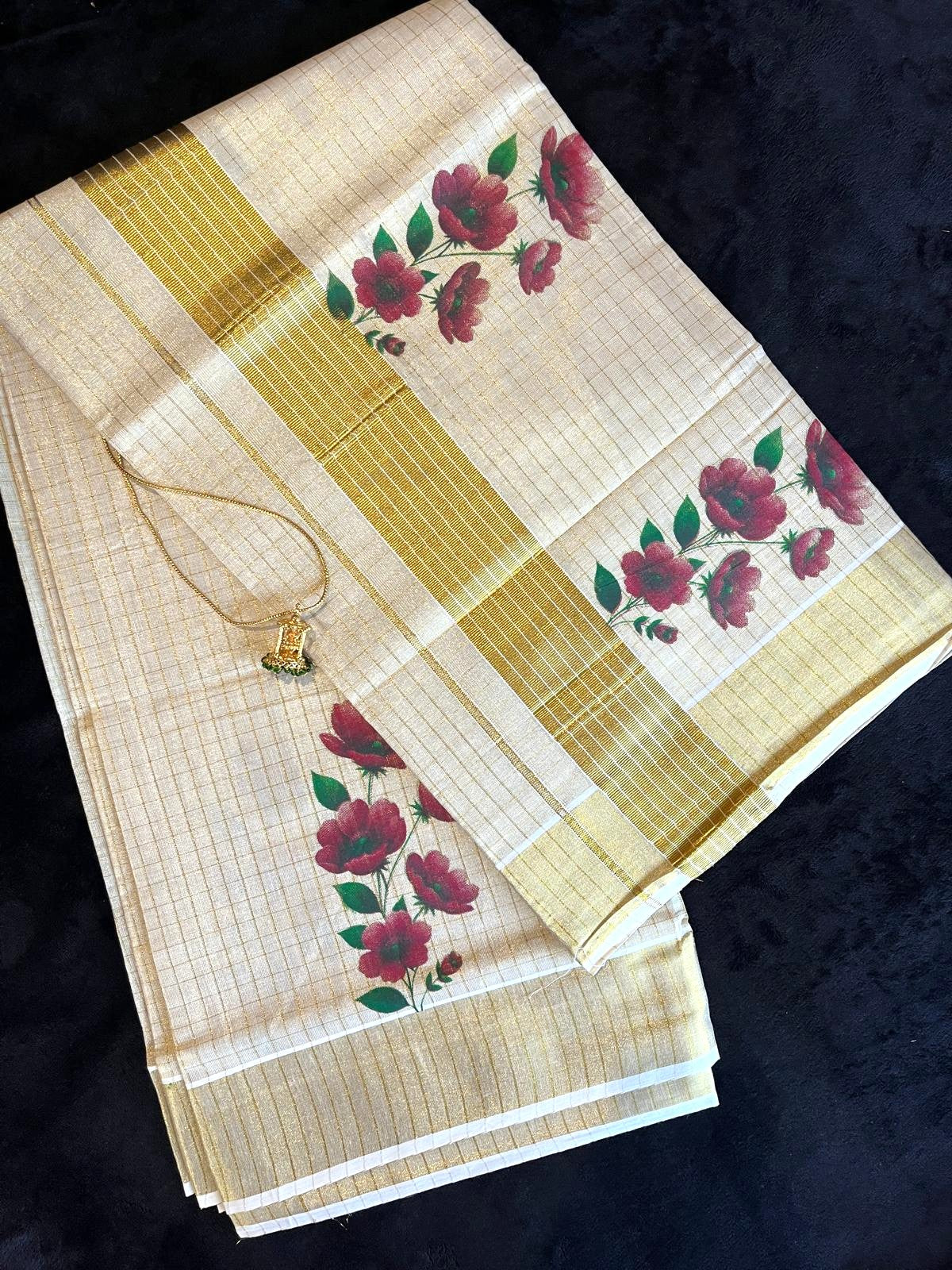 Tissue Saree with Gold Kasavu & Floral Prints