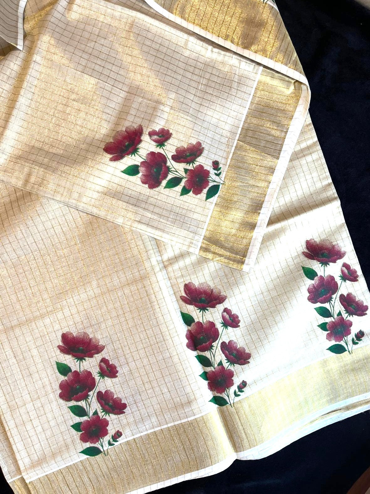 Tissue Saree with Gold Kasavu & Floral Prints
