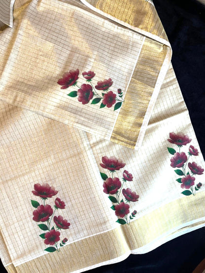 Tissue Saree with Gold Kasavu & Floral Prints