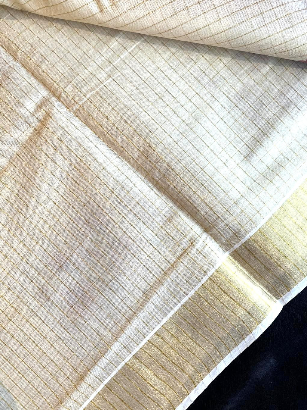 Tissue Saree with Gold Kasavu & Floral Prints