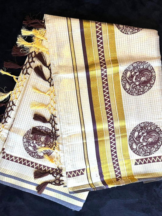 Tissue Saree - Gold Kasavu with Prints along Border & Tassels