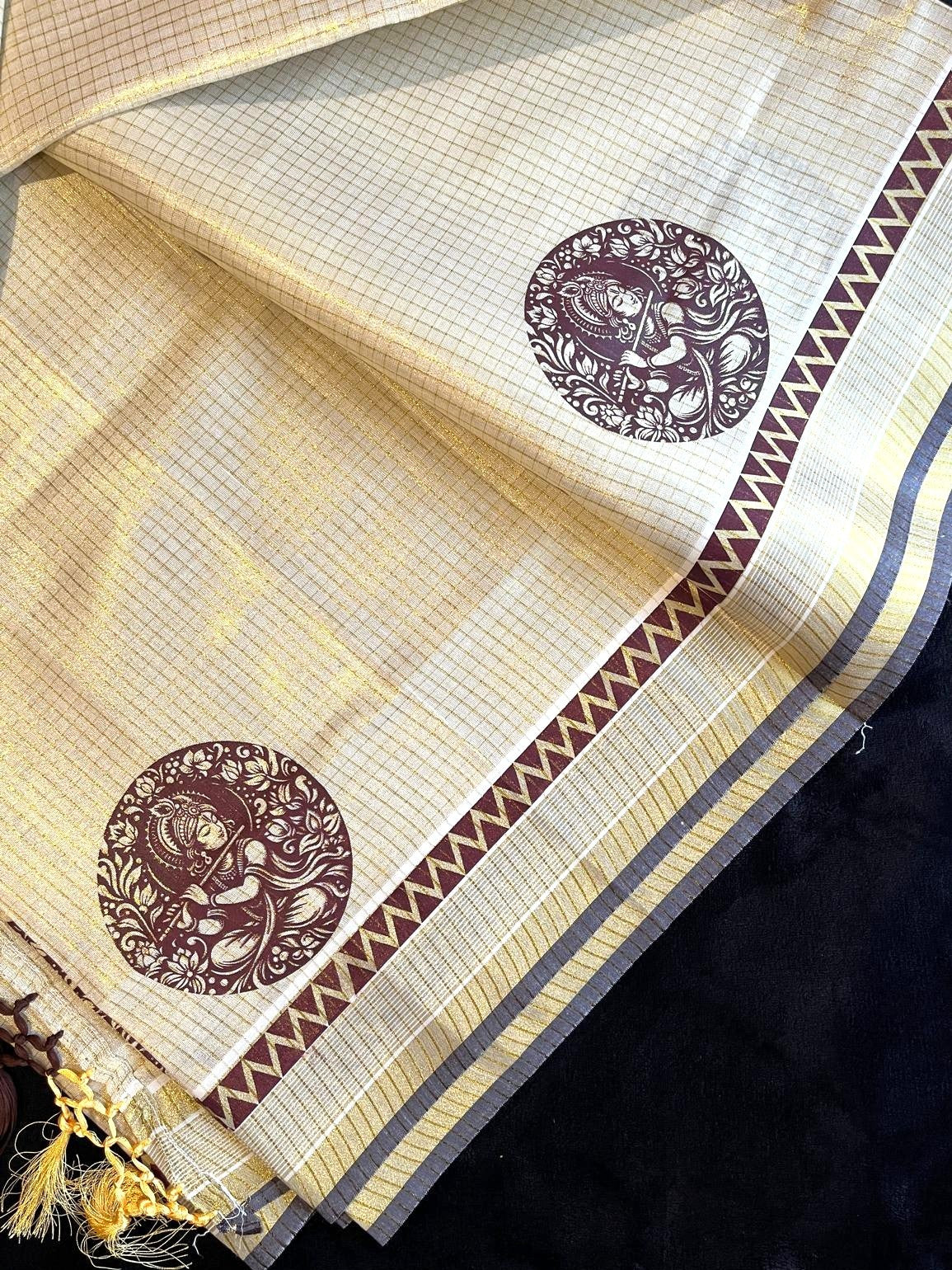 Tissue Saree - Gold Kasavu with Prints along Border & Tassels