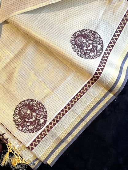 Tissue Saree - Gold Kasavu with Prints along Border & Tassels