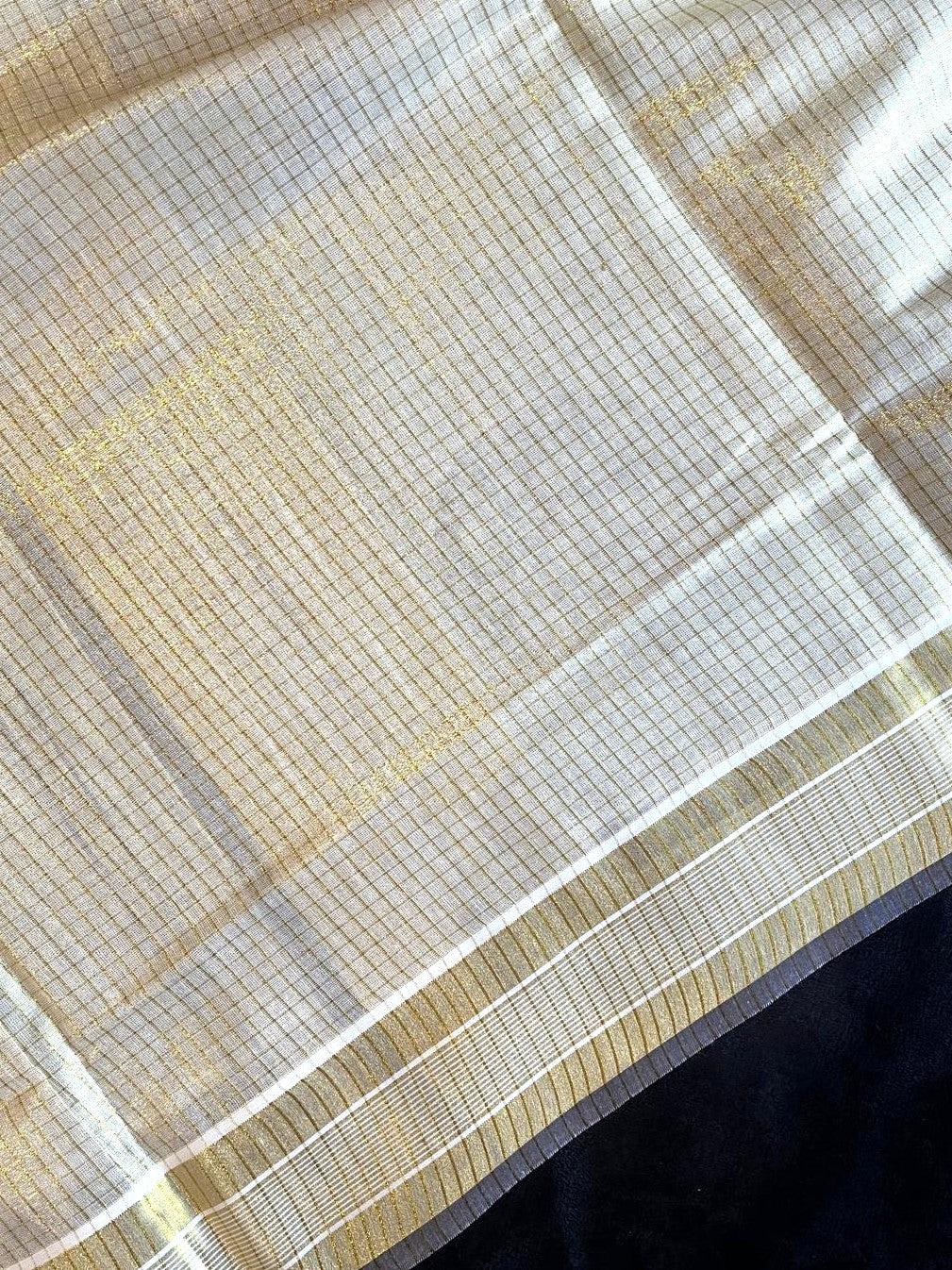 Tissue Saree - Gold Kasavu with Prints along Border & Tassels
