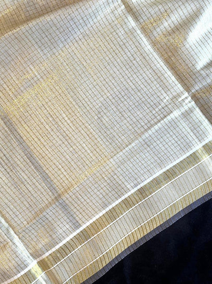 Tissue Saree - Gold Kasavu with Prints along Border & Tassels