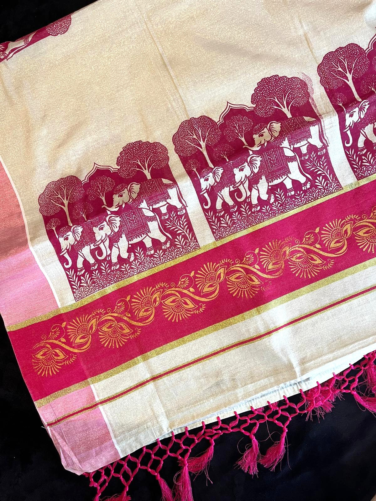 Tissue Saree - Gold & Pink with Print along Border & Tassels