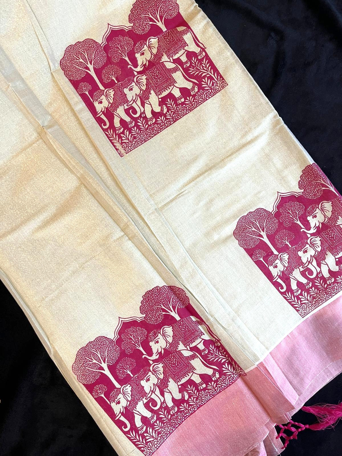 Tissue Saree - Gold & Pink with Print along Border & Tassels