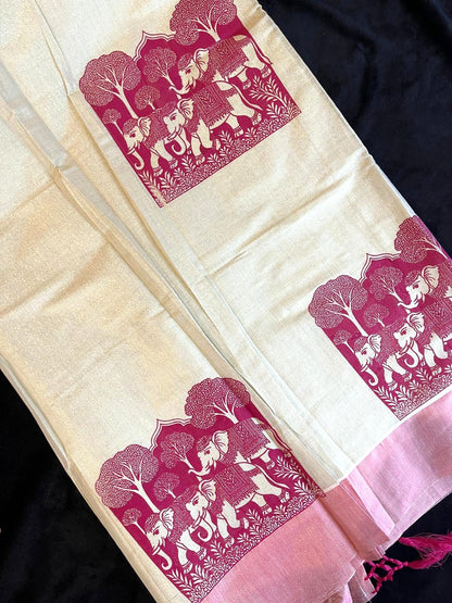 Tissue Saree - Gold & Pink with Print along Border & Tassels