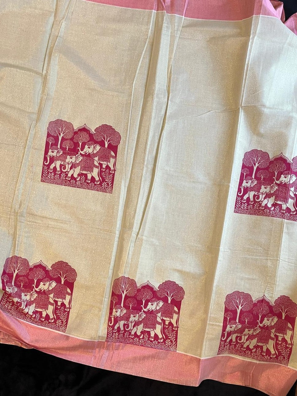 Tissue Saree - Gold & Pink with Print along Border & Tassels