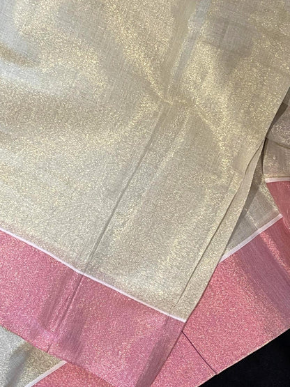 Tissue Saree - Gold & Pink with Print along Border & Tassels
