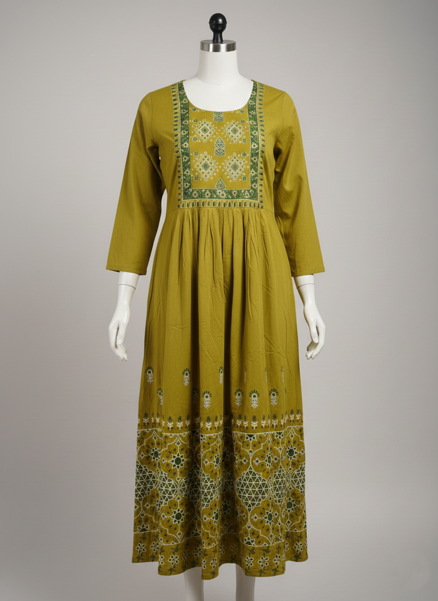 Olive Green Anarkali Style Cotton Kurta/Dress (Size XXL/44)