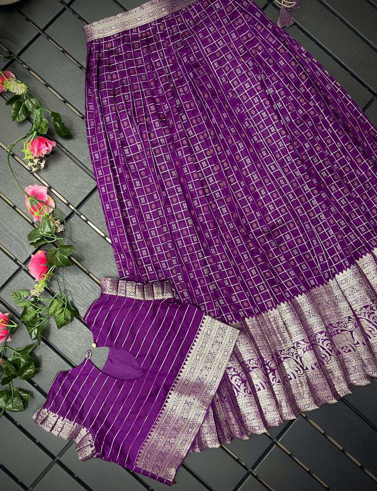 Kanchipuram Skirt & Blouse for 9 Year Old - Purple & Silver