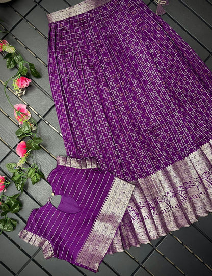 Kanchipuram Skirt & Blouse for 9 Year Old - Purple & Silver