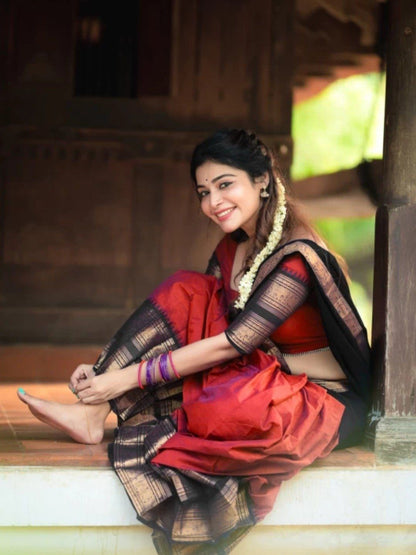 Davani with Stitched Blouse (Size 32) - Red & Black with Copper Zari