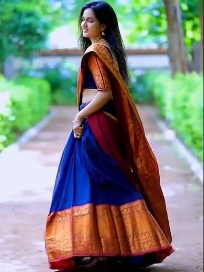 Davani with Stitched Blouse (Size 34) - Blue & Maroon with Gold Zari