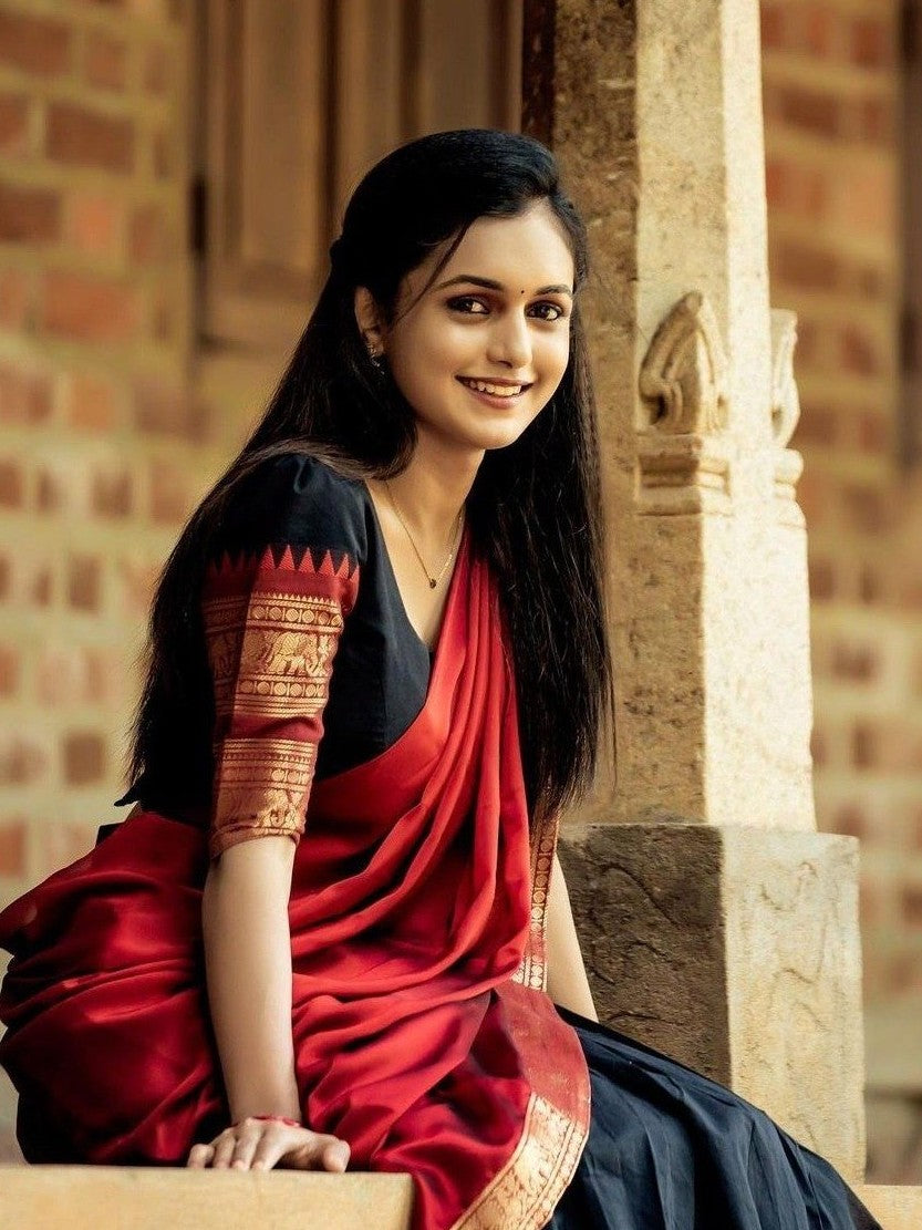 Davani with Stitched Blouse (Size 34) - Black & Maroon with Gold Zari