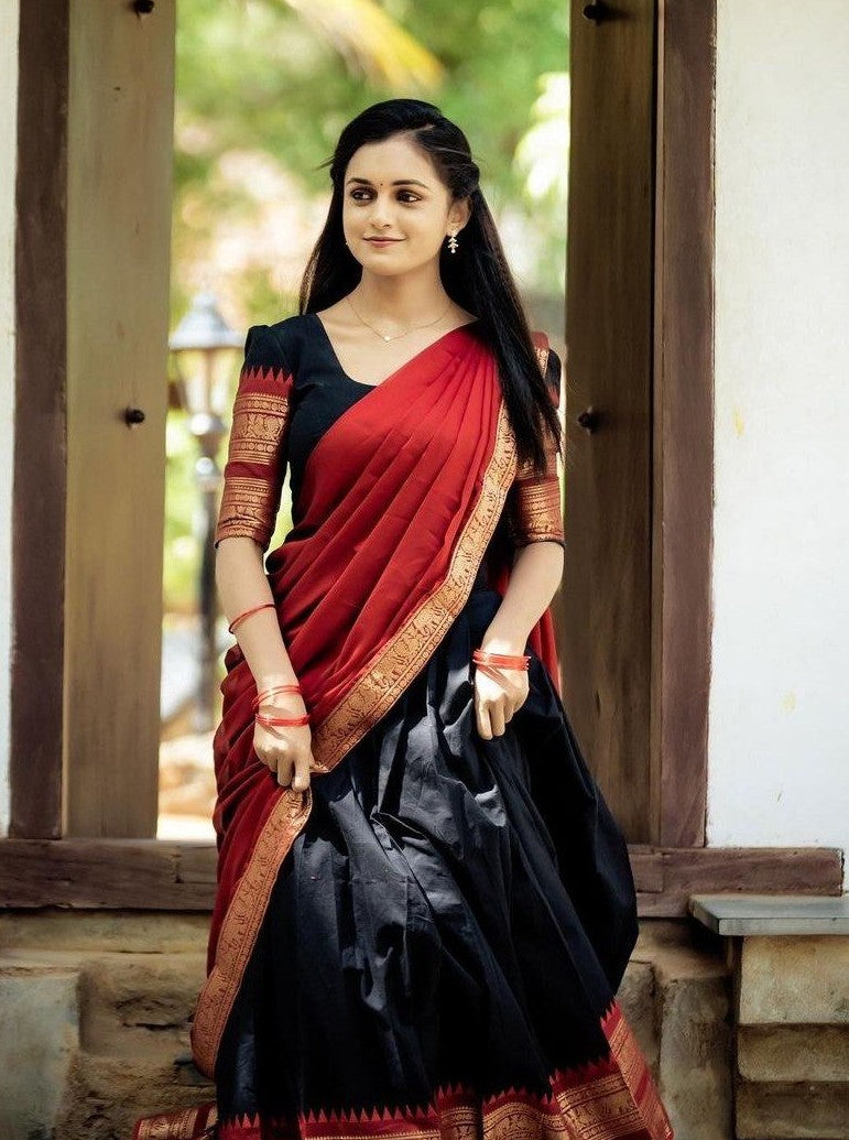 Davani with Stitched Blouse (Size 34) - Black & Maroon with Gold Zari