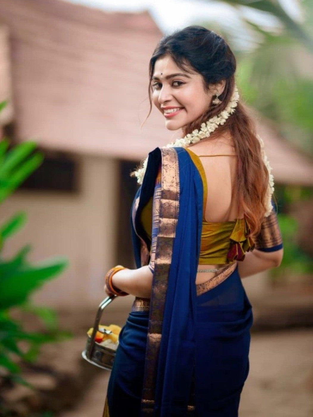 Davani with Stitched Blouse (Size 34) - Dark Mustard & Navy Blue with Copper Zari