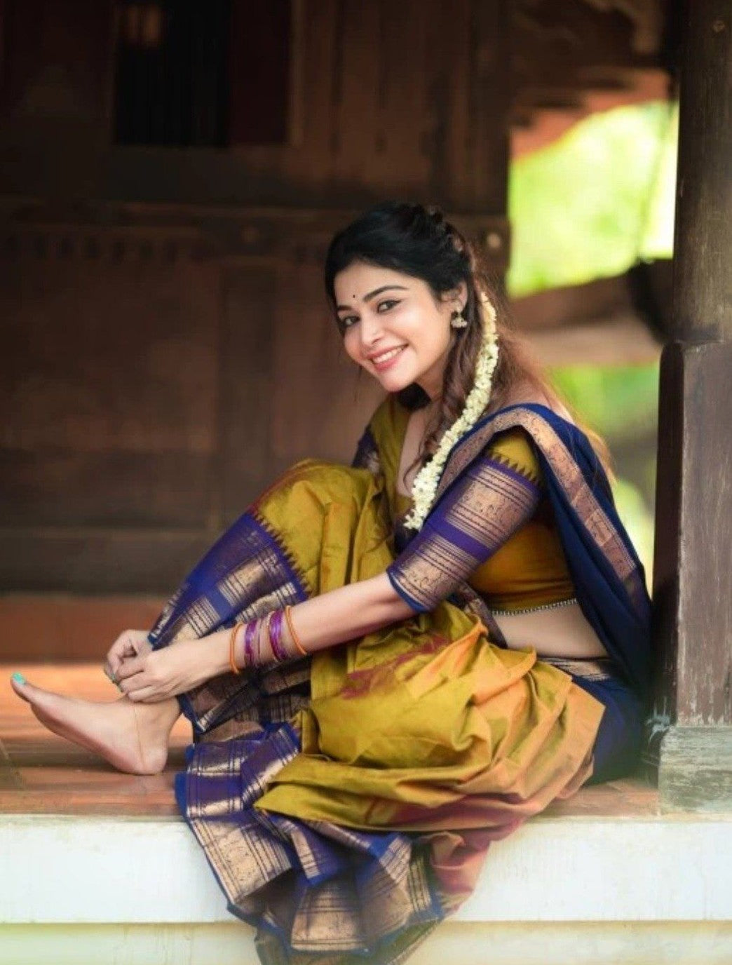 Davani with Stitched Blouse (Size 34) - Dark Mustard & Navy Blue with Copper Zari