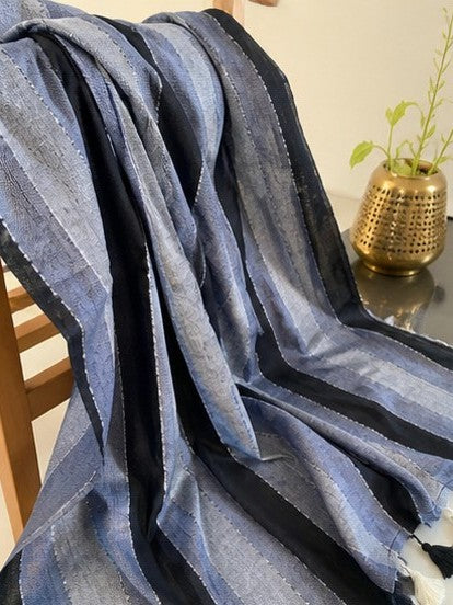Grey & Black Striped Mul Cotton Saree