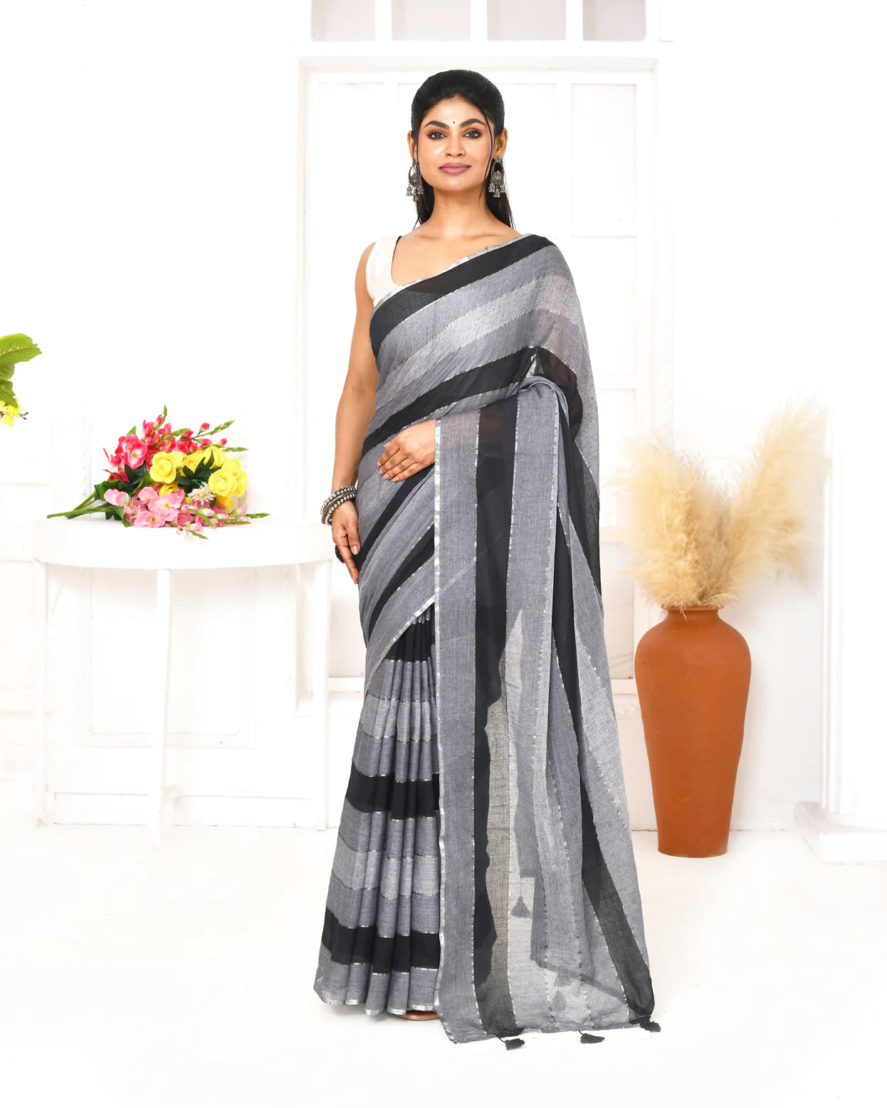 Grey & Black Striped Mul Cotton Saree
