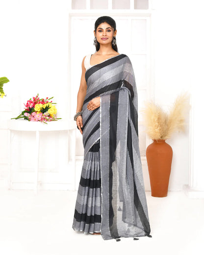 Grey & Black Striped Mul Cotton Saree