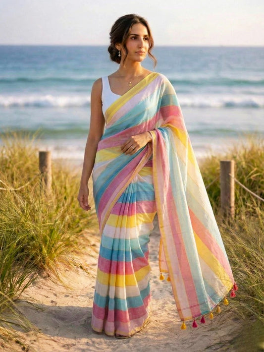 Pastel Rainbow Mul Cotton Saree