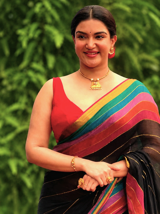 Honey Rose inspired Black Saree with Rainbow Border
