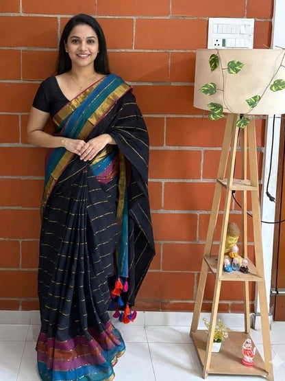 Honey Rose inspired Black Saree with Rainbow Border