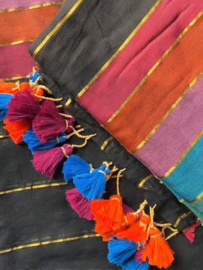 Honey Rose inspired Black Saree with Rainbow Border