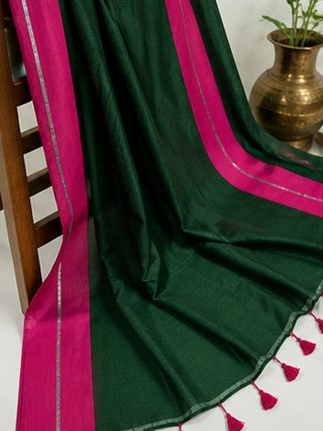 Emerald Enchantment: Deep Forest Green Mul Cotton Saree with Rani Pink Borders