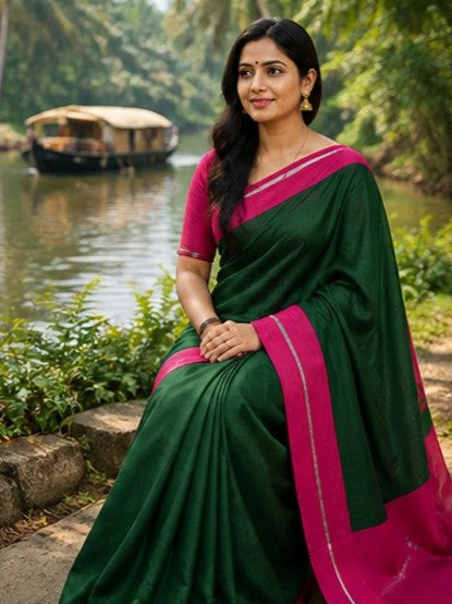 Emerald Enchantment: Deep Forest Green Mul Cotton Saree with Rani Pink Borders