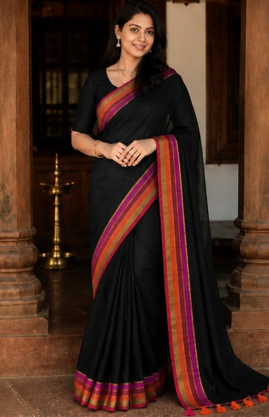 Midnight Muse: Deep Black Mul Cotton Saree with Sunset Borders