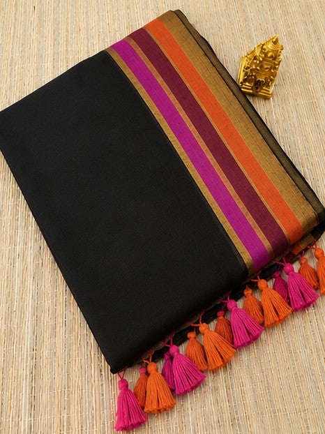 Midnight Muse: Deep Black Mul Cotton Saree with Sunset Borders