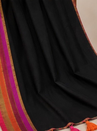 Midnight Muse: Deep Black Mul Cotton Saree with Sunset Borders