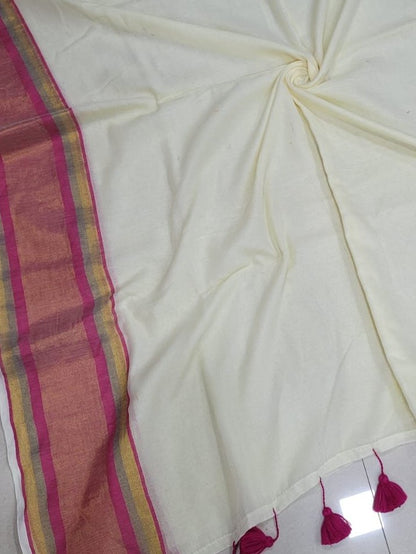 Blossom Breeze: Handpicked Pink & Gold Striped Mul Cotton Saree