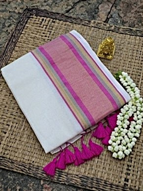 Blossom Breeze: Handpicked Pink & Gold Striped Mul Cotton Saree