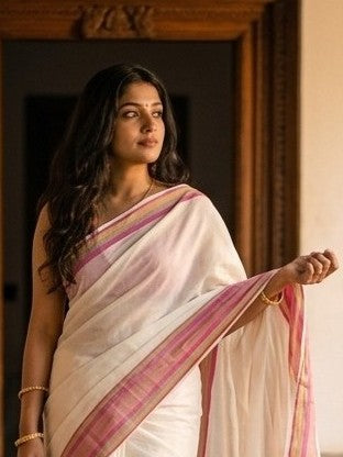 Blossom Breeze: Handpicked Pink & Gold Striped Mul Cotton Saree