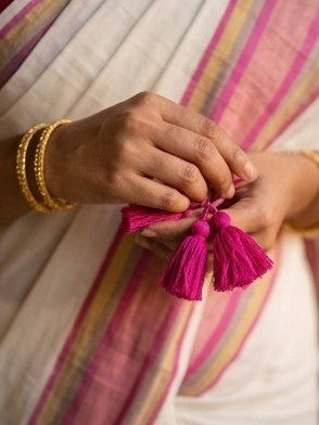 Blossom Breeze: Handpicked Pink & Gold Striped Mul Cotton Saree