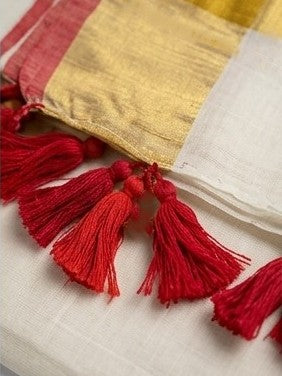 Manju Warrier inspired Classic Gold & Red Mul Cotton Saree