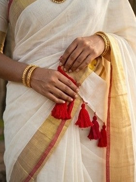 Manju Warrier inspired Classic Gold & Red Mul Cotton Saree