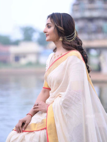 Manju Warrier inspired Classic Gold & Red Mul Cotton Saree