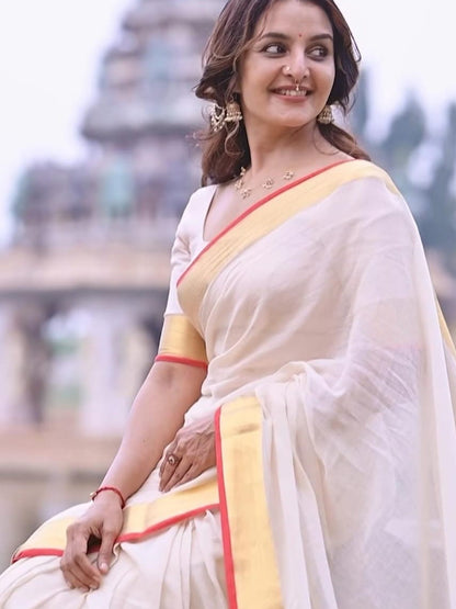Manju Warrier inspired Classic Gold & Red Mul Cotton Saree