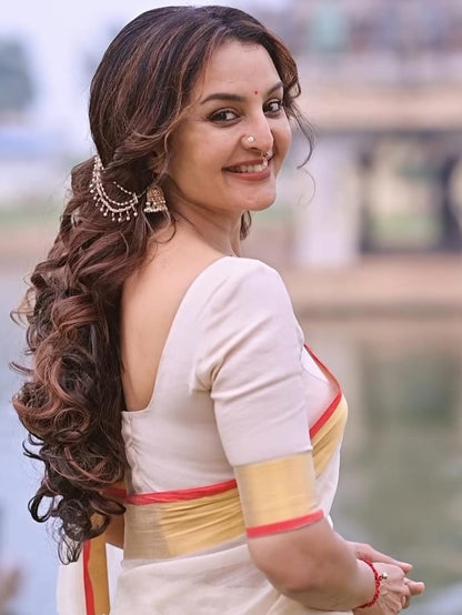 Manju Warrier inspired Classic Gold & Red Mul Cotton Saree