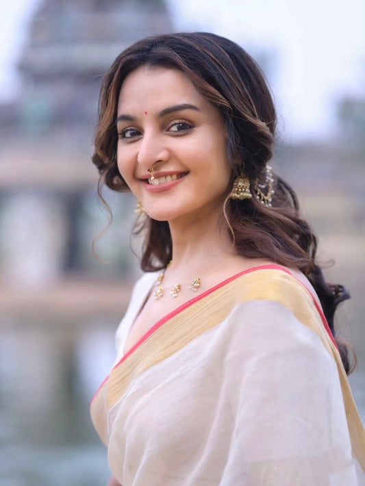 Manju Warrier inspired Classic Gold & Red Mul Cotton Saree
