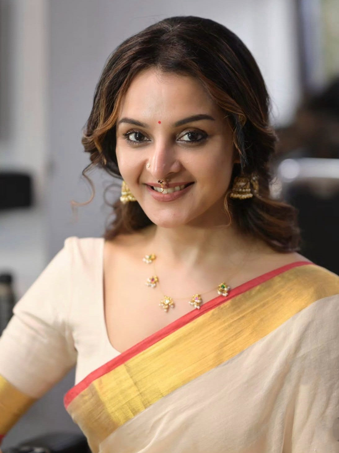 Manju Warrier inspired Classic Gold & Red Mul Cotton Saree
