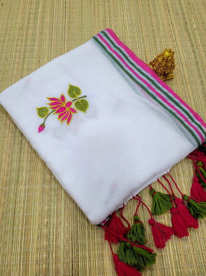 Lotus Embroidered White Mul Cotton Saree
