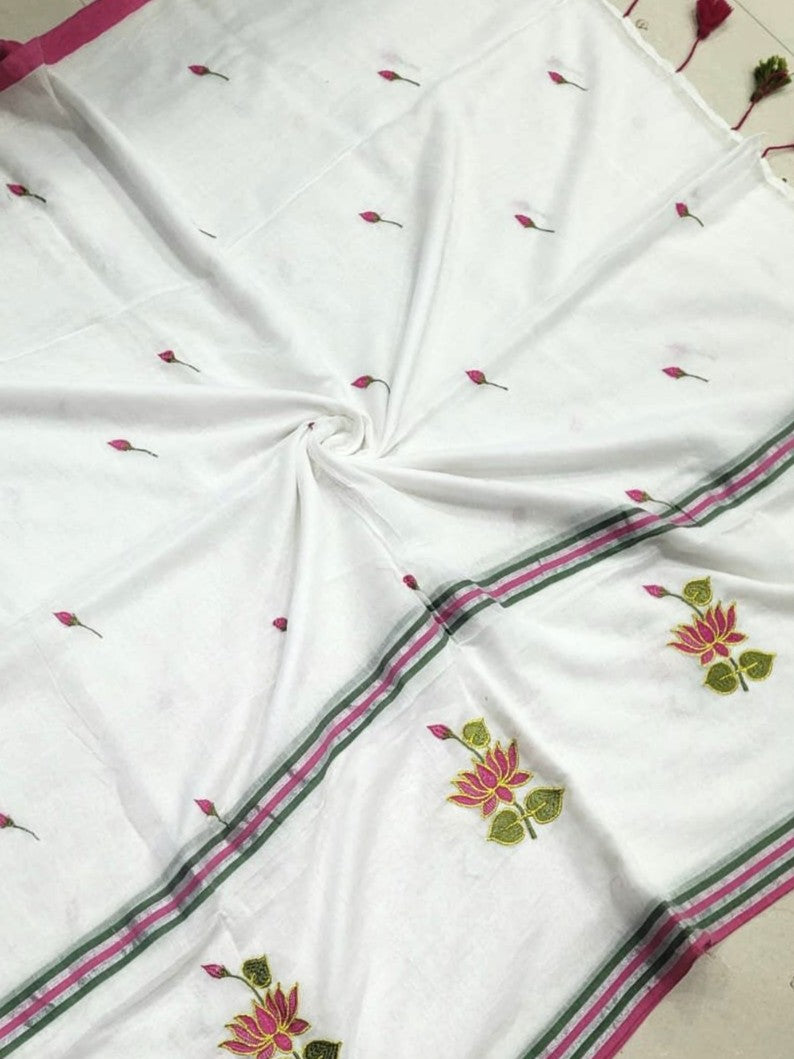 Lotus Embroidered White Mul Cotton Saree
